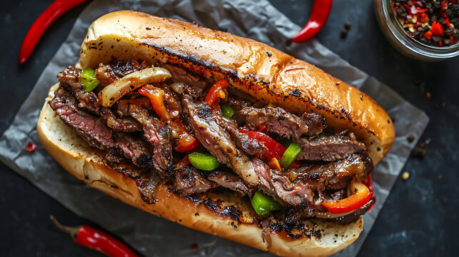 Delicious Philly Cheesesteak Sandwich with Peppers and Onions.