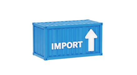 Bright blue shipping container with import symbol isolated on transparent background