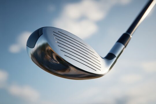 Realistic view of a golf club head in angled perspective showcasing the design and craftsmanship, set against a bright blue sky with clouds - Powered by Adobe