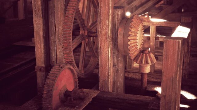 Intricate wooden gears interlock in an antique milling machine, bathed in soft evening light. The craftsmanship reflects historical engineering techniques and material use.