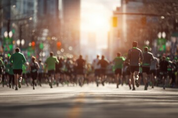 Obraz premium Runners in green participate in a St Patricks Day celebration run under the sunrise in an urban setting filled with festive energy