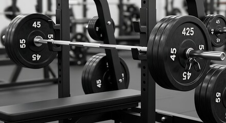 Closeup of a weightlifting barbell with weights on a gym bench press machine