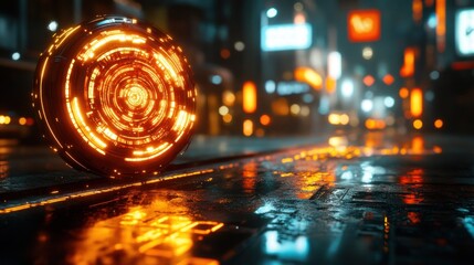 Futuristic orb on wet city street