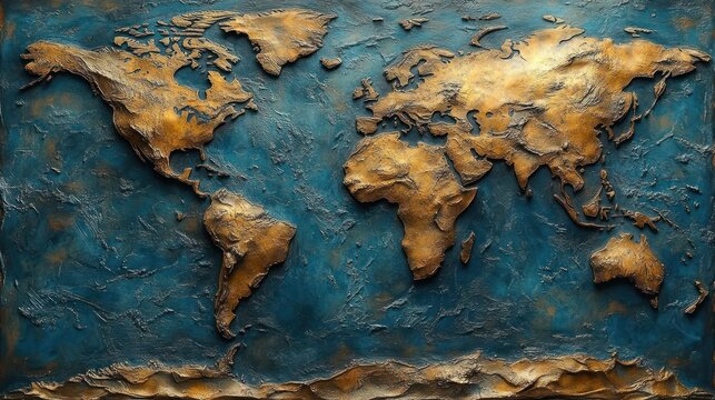 Relief world map, textured bronze, blue background, global view