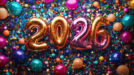 Golden 2026 Balloons and Colorful Confetti Celebration.