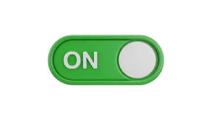 Green toggle switch with the word on displayed isolated on transparent background