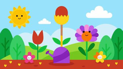 Vibrant garden with smiling flowers and sun © Devili