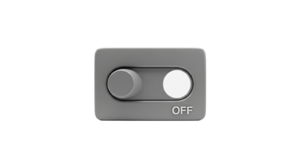 Gray toggle switch in the off position with the word off displayed isolated on transparent background