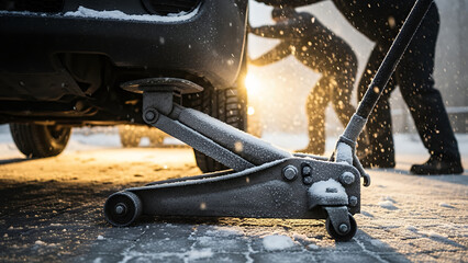 Mechanic using car jack to lift vehicle in snowy environment  