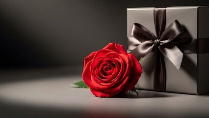 Single vibrant red rose rests beside a sophisticated gray gift box tied with a luxurious satin brown ribbon in dramatic low key lighting