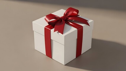 Fototapeta premium Elegant white gift box tied with a luxurious deep red satin ribbon and bow sits on a neutral surface casting subtle shadows perfect for celebrations