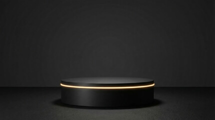 A sleek black cylindrical podium with a subtle glowing gold ring stands prominently on a dark, minimalist stage against a muted wall.