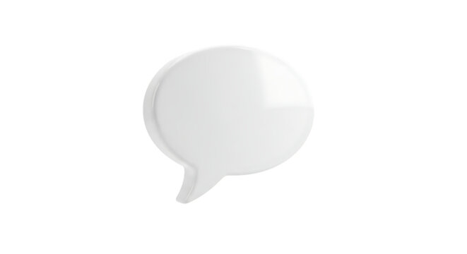 A single white speech bubble icon with a rounded shape and a pointed tail isolated on transparent background - Powered by Adobe