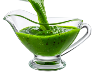  Green Sauce Pouring into Glass Gravy Boat Transparent Background.