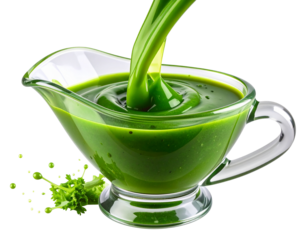  Pouring Green Sauce in Transparent Glass Boat Isolated Transparent Background.