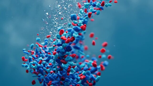 Extremely slow motion visualization of vibrant blue and red microplastic particles swirling and sinking gently within a clear water column gravity, conceptual, science