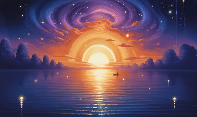 Cosmic swirls above calm sea, glowing orb center, distant figure meditates in surreal night sky.