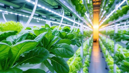 Close-up of vibrant green leafy plants thriving in multi-level vertical hydroponic farm with LED lights