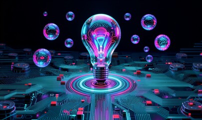 Neon lightbulb pulses on glowing circuit board, surrounded by floating digital spheres.