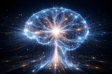 Futuristic artificial intelligence core visualized as a glowing digital brain made of interconnected neural networks and flowing data streams. Abstract high-technology concept with cinematic lighting 