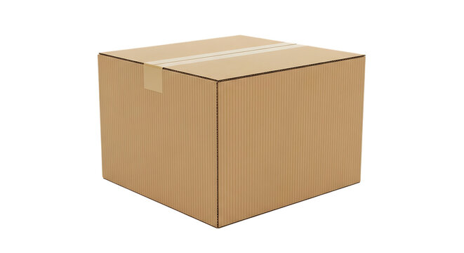 A single brown cardboard shipping box with tape isolated on transparent background