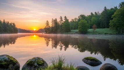 Serene lake scene at sunrise with calm water and lush greenery