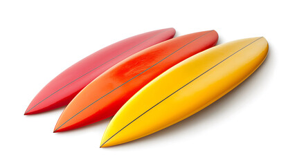 Three Colorful Surfboards Lined Up On A White Background.