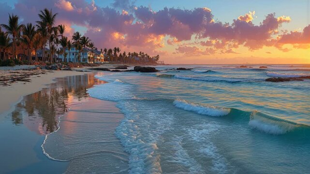 Tropical beach sunset near resort buildings with ocean waves reaching shore.