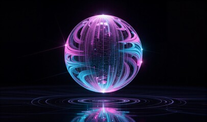 Neon circuit sphere glowing blue-pink, futuristic tech design on dark background.