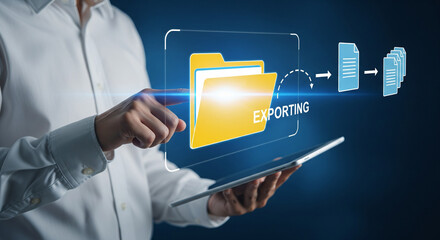 Digital data export process visualized on a tablet screen, showcasing efficient file management and secure information transfer for modern business technology solutions