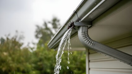 Water pouring from clogged gutter with leaves and debris during rainfall downspout