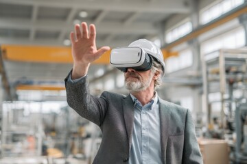 Mature male professional in hard hat using virtual reality technology in a modern industrial facility during daytime
