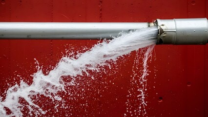 Water spraying from damaged metal pipe against red textured wall splash leak