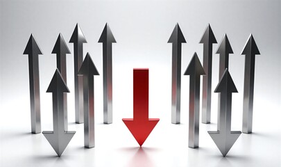 Red arrow points down amid silver arrows, symbolizing unique direction or leadership.