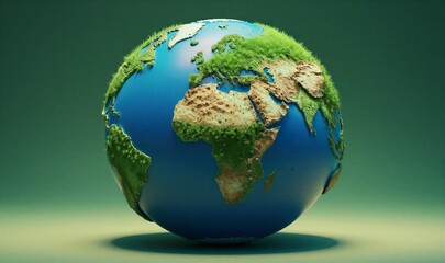 Earth globe with vibrant green landmasses and blue oceans, realistic texture detail.