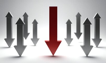 Red arrow points down amid silver arrows, symbolizing unique direction or leadership.