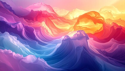 Vibrant abstract mountain landscape with flowing fabric in surreal colorful sky at sunrise