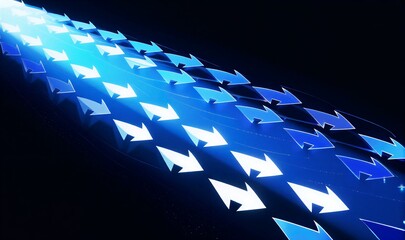 Blue arrows ascend in sequence, symbolizing growth, progress, and forward momentum against a dark background.