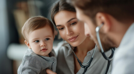 Faceless pediatrician with mother and baby on examination in hospital, healthcare family doctor concept, infant medical check, defocused people, with copy space
