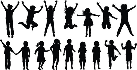 Joyful children silhouette vector collection, happy kids boys and girls jumping, playing, and standing with hands raised, celebrating freedom and fun, isolated  © MDASIKUL