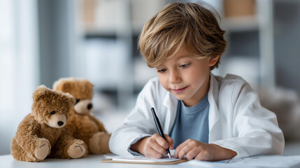 Faceless boy in doctor coat writing prescription with teddy bears nearby showcasing imaginative play in pretend doctor office, scene is bright and cheerful evoking creativity, defocused child,