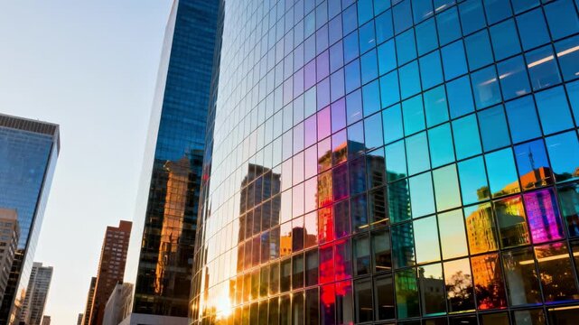 Contemporary glass tile cladding on urban building surface reflecting surroundings with shimmering transparency and vibrant hues