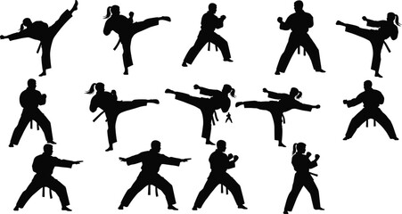 Karate silhouette vector set, martial arts fighters performing various high kicks and defense attack poses, male and female athlete icons, isolated training graphics.
