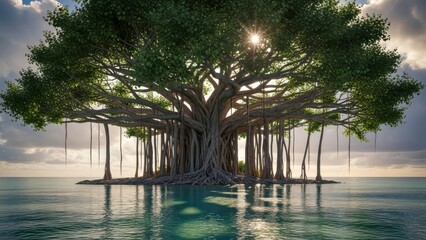 Majestic mangrove tree standing alone in the calm sea water