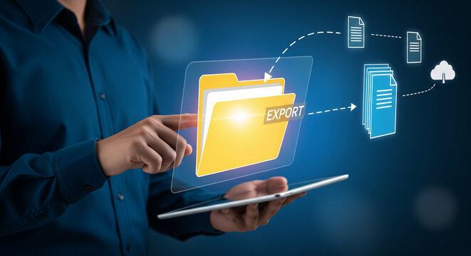 Digital data export process concept with cloud storage and document transfer icons - Powered by Adobe