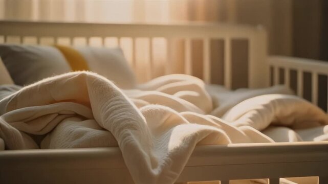 Empty baby crib with soft blankets and pillows in a cozy nursery, bathed in warm morning light.