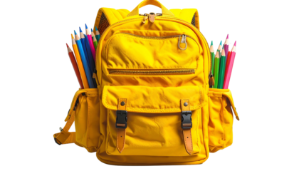 Bright yellow backpack filled with colorful pencils, ready for school or art