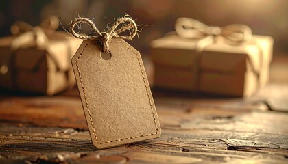 Rustic gift tag template with kraft paper texture, stitched border design, natural lighting, warm background