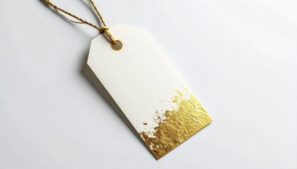 Luxury gift tag template with gold foil text placeholder, thick ivory cardstock texture, premium lighting, classy background