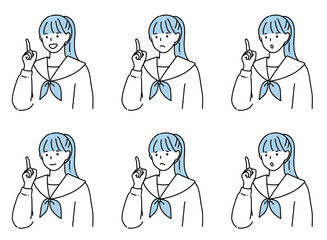 手描き　指差し　いろいろな表情の高校生の線画イラスト　セット	